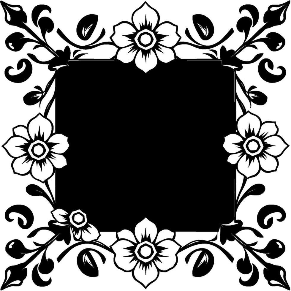 a symmetrical black and white floral frame with flowers and leaves, surrounding a central black square, creating a decorative border. vector