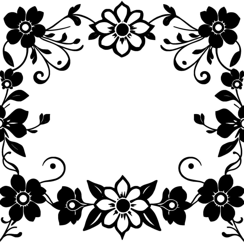 symmetrical black and white floral frame with delicate vines and swirls, botanical border vector
