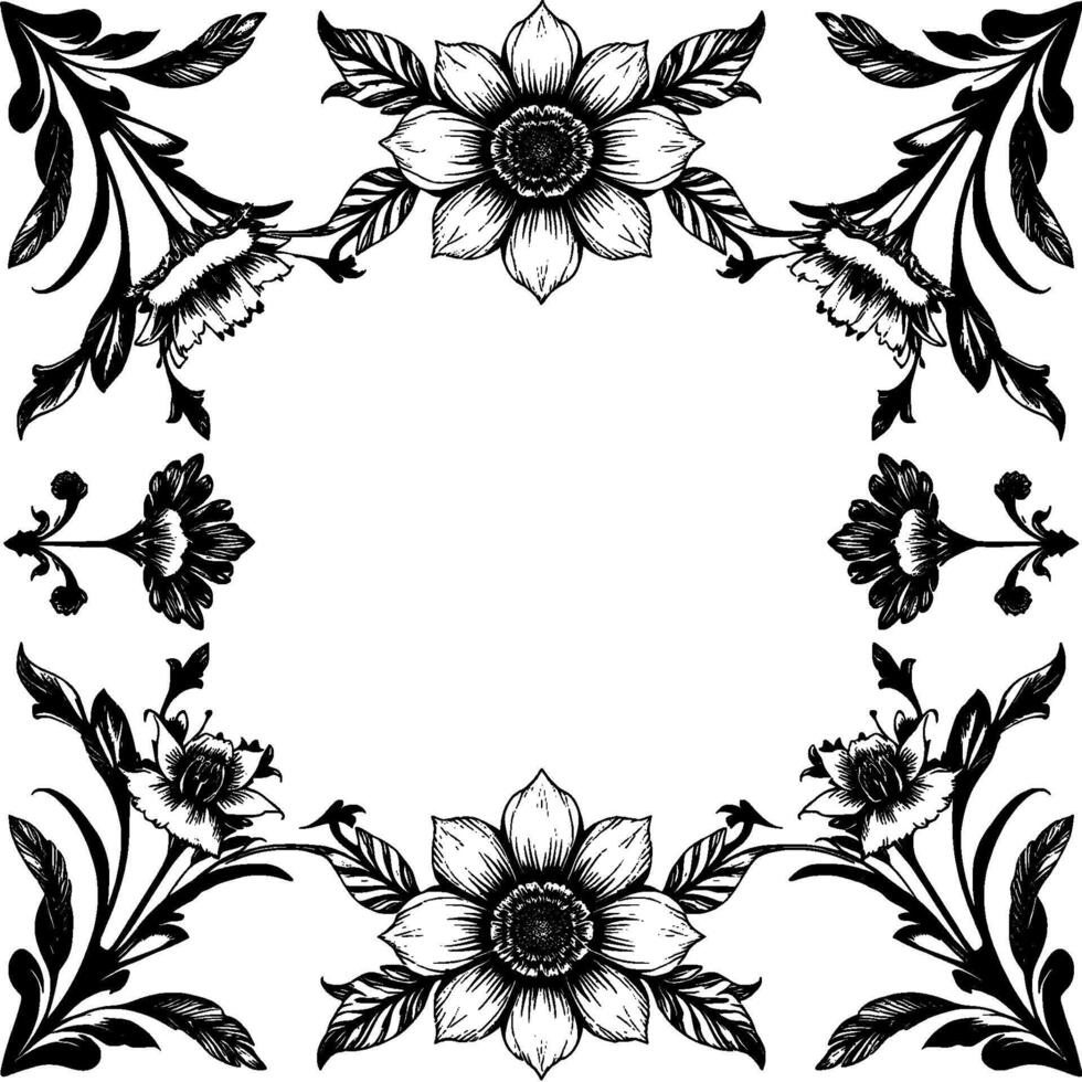 intricate black and white floral frame with detailed ink drawings and elegant botanical elements on white background. vector