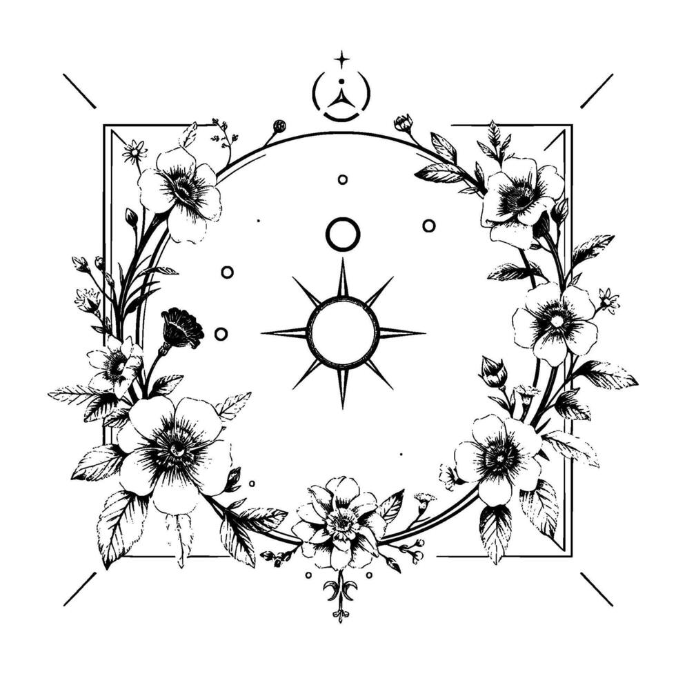 intricate black and white floral incorporating geometric elements, celestial symbols, and radiating star within a square and circular frame, illustrating elegance. vector