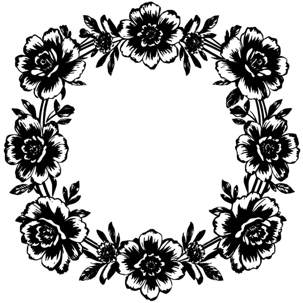 elegant floral frame in bold black and white a symmetric of blossoms, leaves, and detailed petals on white background. vector