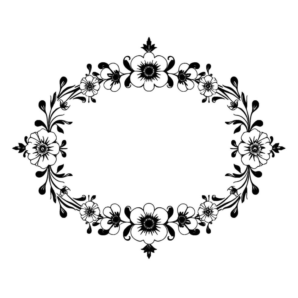 black and white floral oval frame elegant botanical with decorative flowers and leafy vines on white background. vector