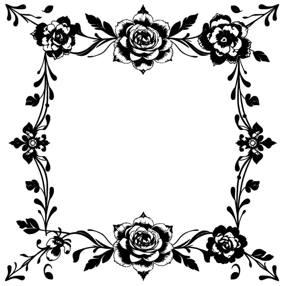 elegant black and white floral frame border, featuring stylized roses and foliage, square composition for decorative . vector