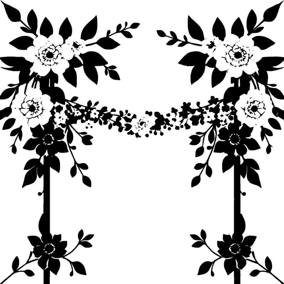symmetrical black and white floral with stylized flower arrangements on poles connected by garland on white background. vector