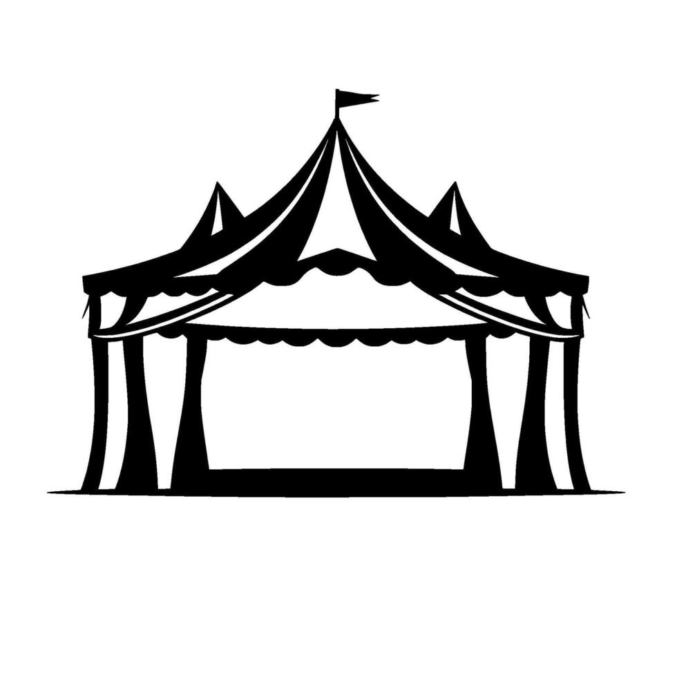 stylized black and white circus tent silhouette with flag, evoking whimsical, playful atmosphere and empty stage. vector