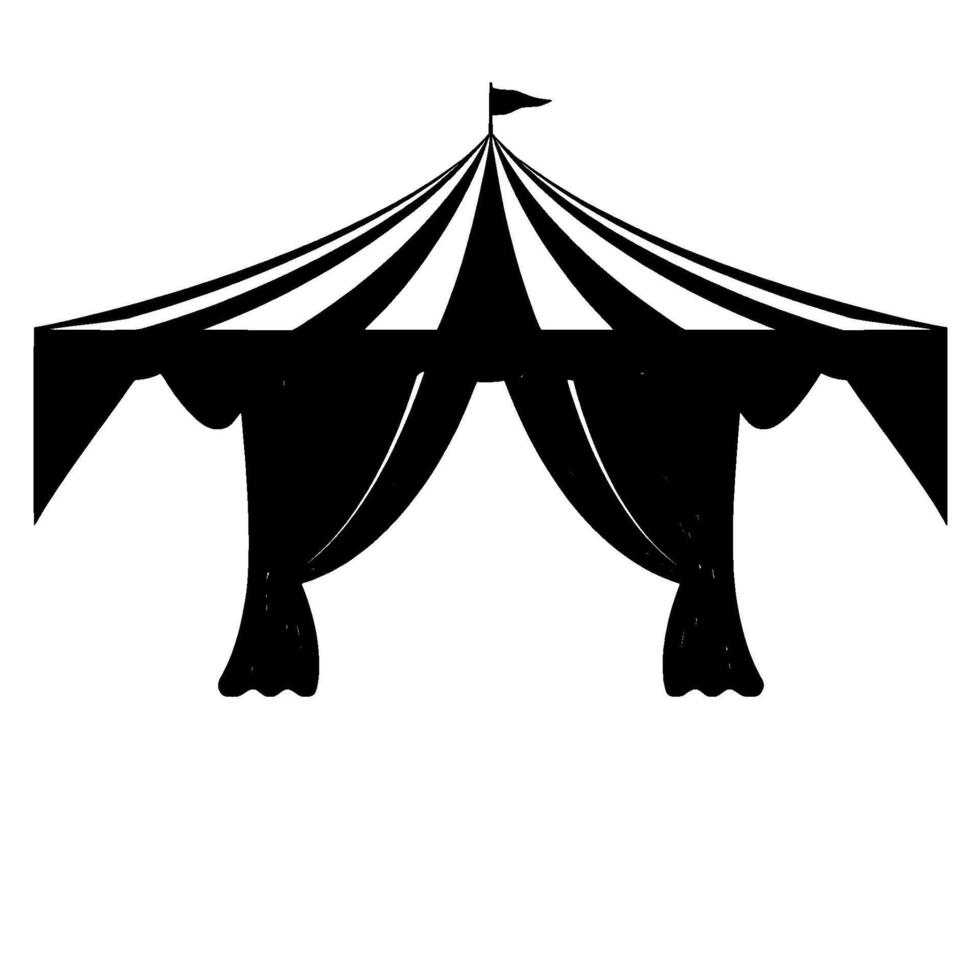 a classic black and white circus tent depicting traditional big top structure with curtains and flag on a white background. vector