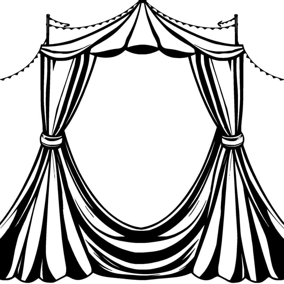 black and white illustration of a circus tent opening with striped curtains and decorative bunting, inviting audience. vector