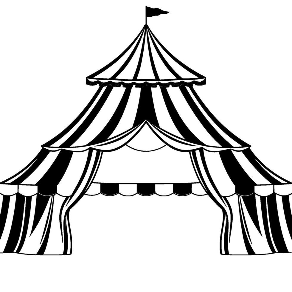 a striking blackandwhite illustration of a circus tent, featuring bold striped canvas, flowing entrance curtains, and a simple flag atop. vector