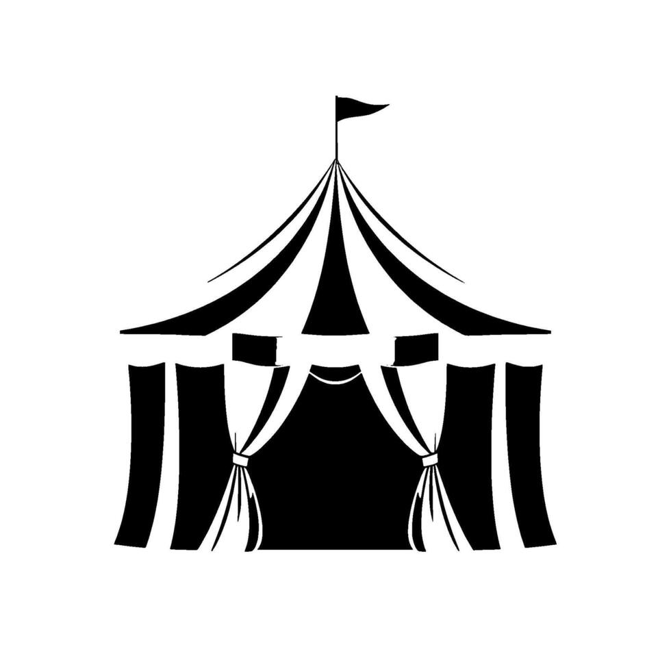 black and white illustration of a classic circus tent with striped roof, a small flag on top, and draped entrance, set against a white backdrop. vector
