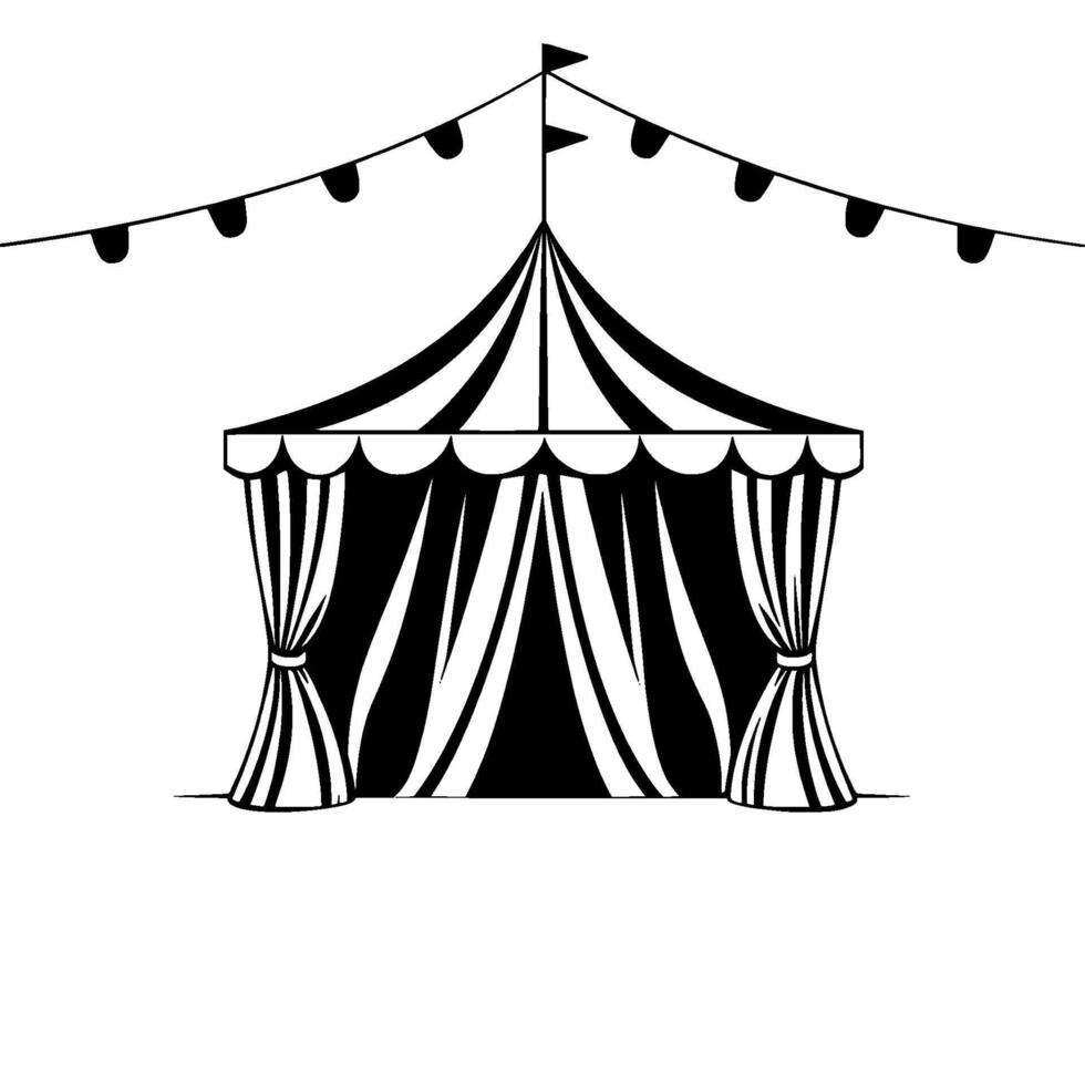 striking black and white illustration of a circus tent, with striped roof and curtains, and strung bunting overhead, evoking nostalgia and celebration. vector