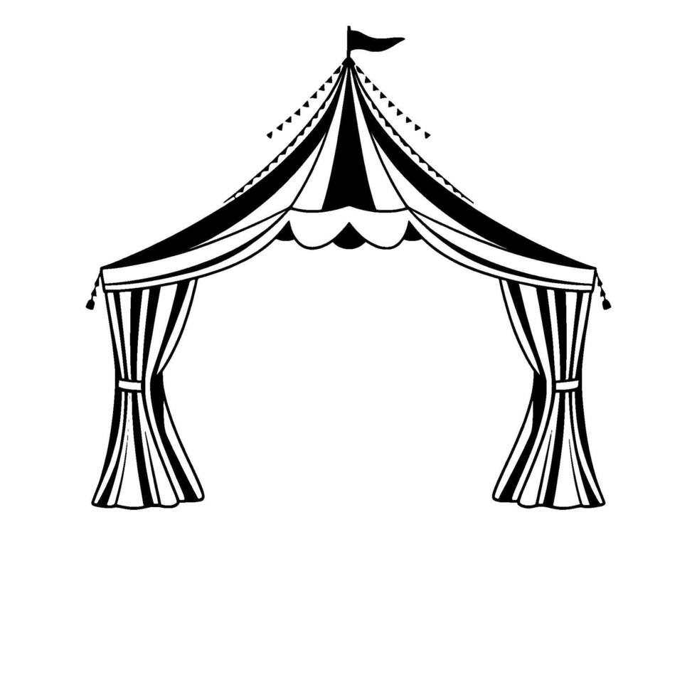 black and white circus tent archway illustration with striped curtains, festive pennants, and a decorative flag atop. vector