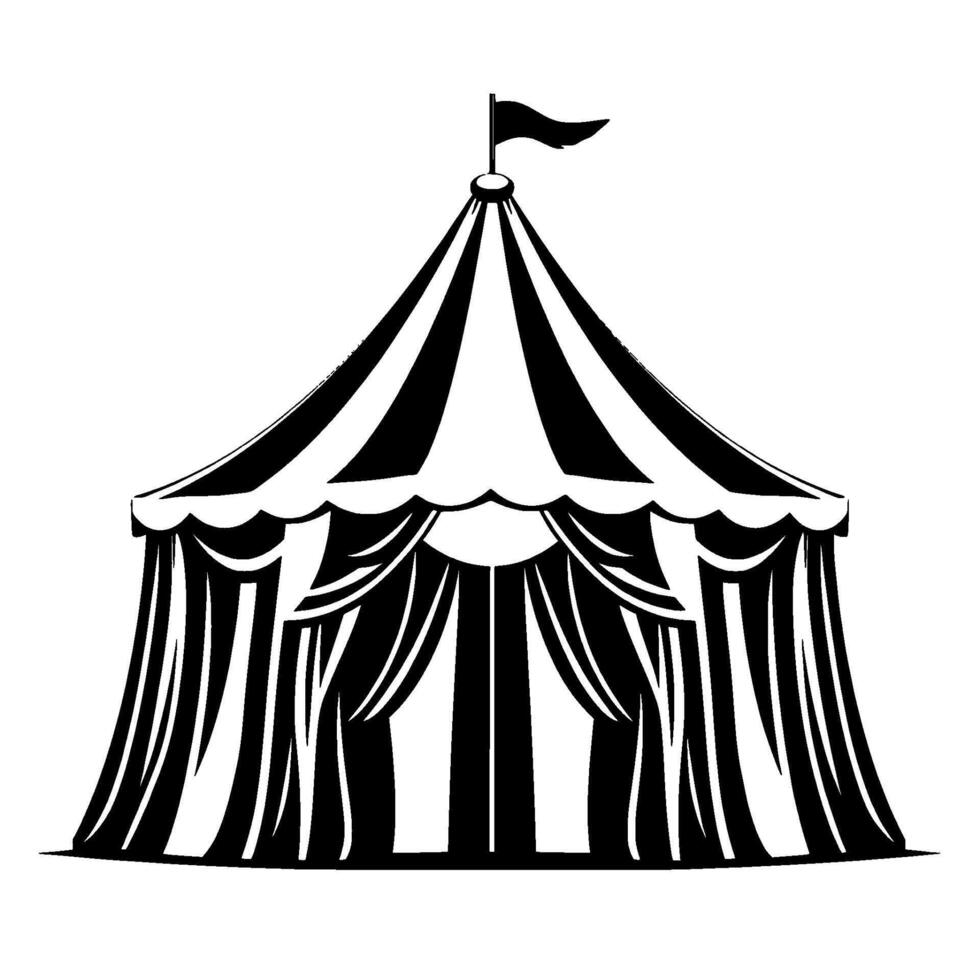 illustration of a classic circus tent with black and white striped canopy, flag, and flowing tent flaps against a clean white background. vector