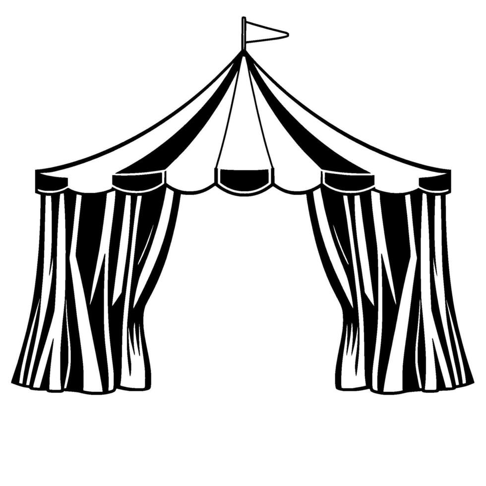 bold black and white circus tent with striped canopy, curtains, and a simple flag, illustration. vector