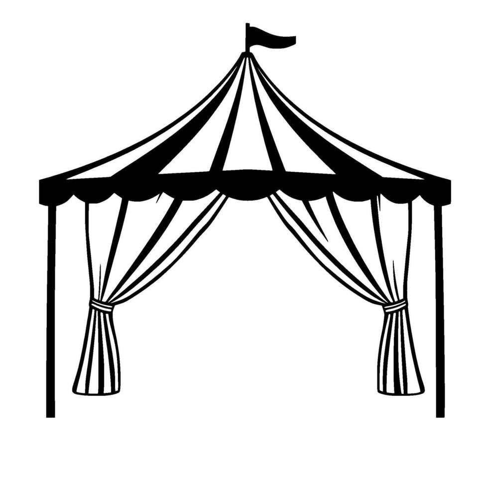 a symmetrical, stylized illustration of a circus tent with a flag, scalloped valance, and draped curtains tied at each side, rendered in black and white. vector