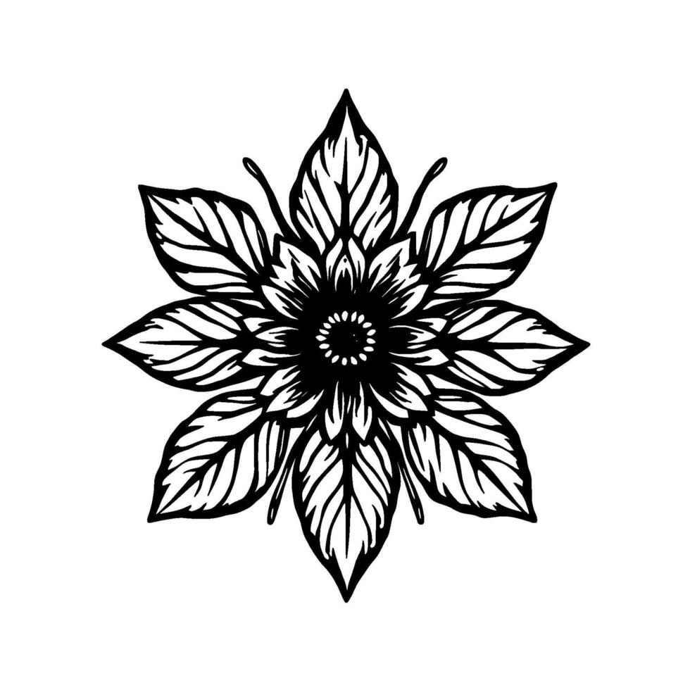 detailed black and white floral illustration featuring eight petals with veins, center dot pattern, and curved stems, on white vector