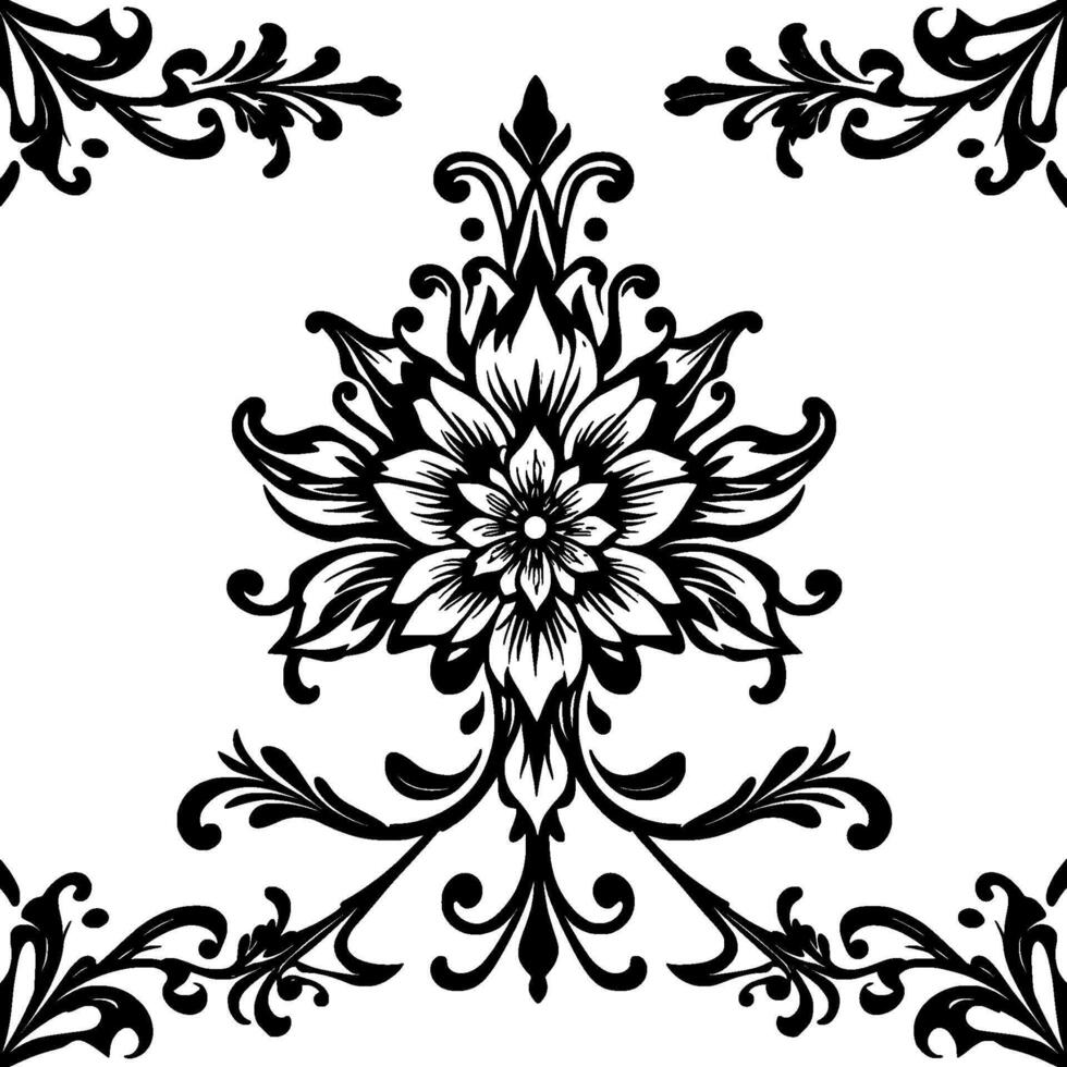 ornate black and white floral motif symmetrical , detailed petals, decorative flourishes, isolated on white background, repeating pattern. vector
