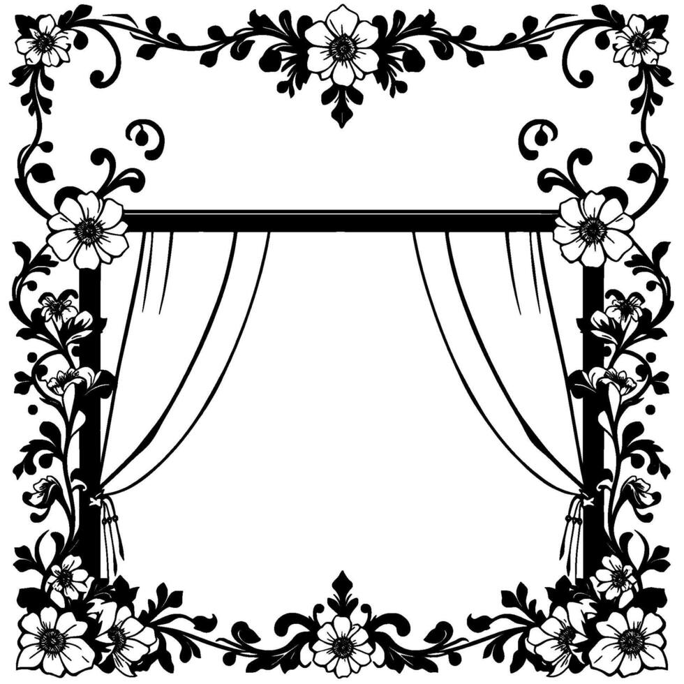 decorative floral frame with curtains elegant black and white illustration for invitations and elements. vector