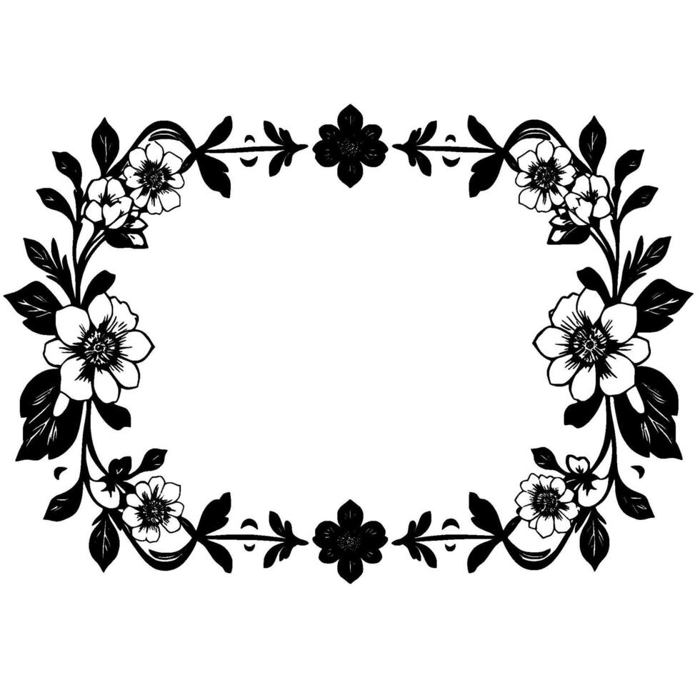 elegant black and white floral frame with flowers, leaves, and stem elements, surrounding an oval space. vector