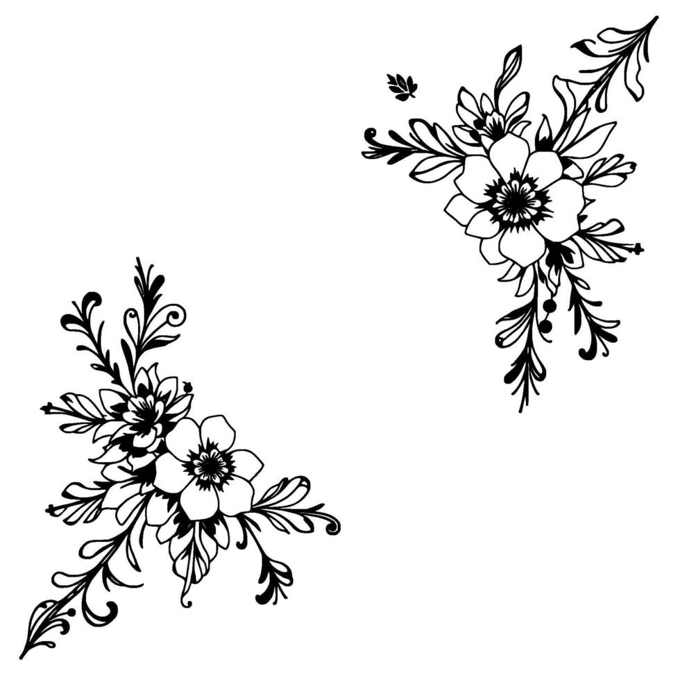 elegant black and white floral corner decorations with detailed petals, leaves, and curlicues on a white background. vector