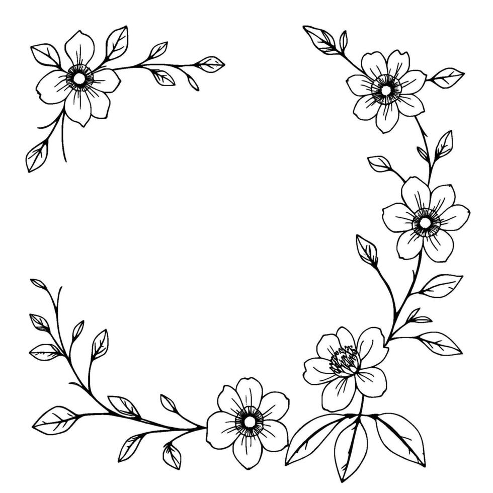 intricate handdrawn floral wreath with delicate petals and leaves, creating a decorative frame on white background. vector