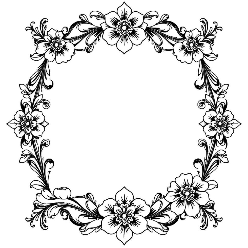 intricate floral frame in black and white a circular composed of detailed petal, vine, and swirl elements, suitable for decoration. vector