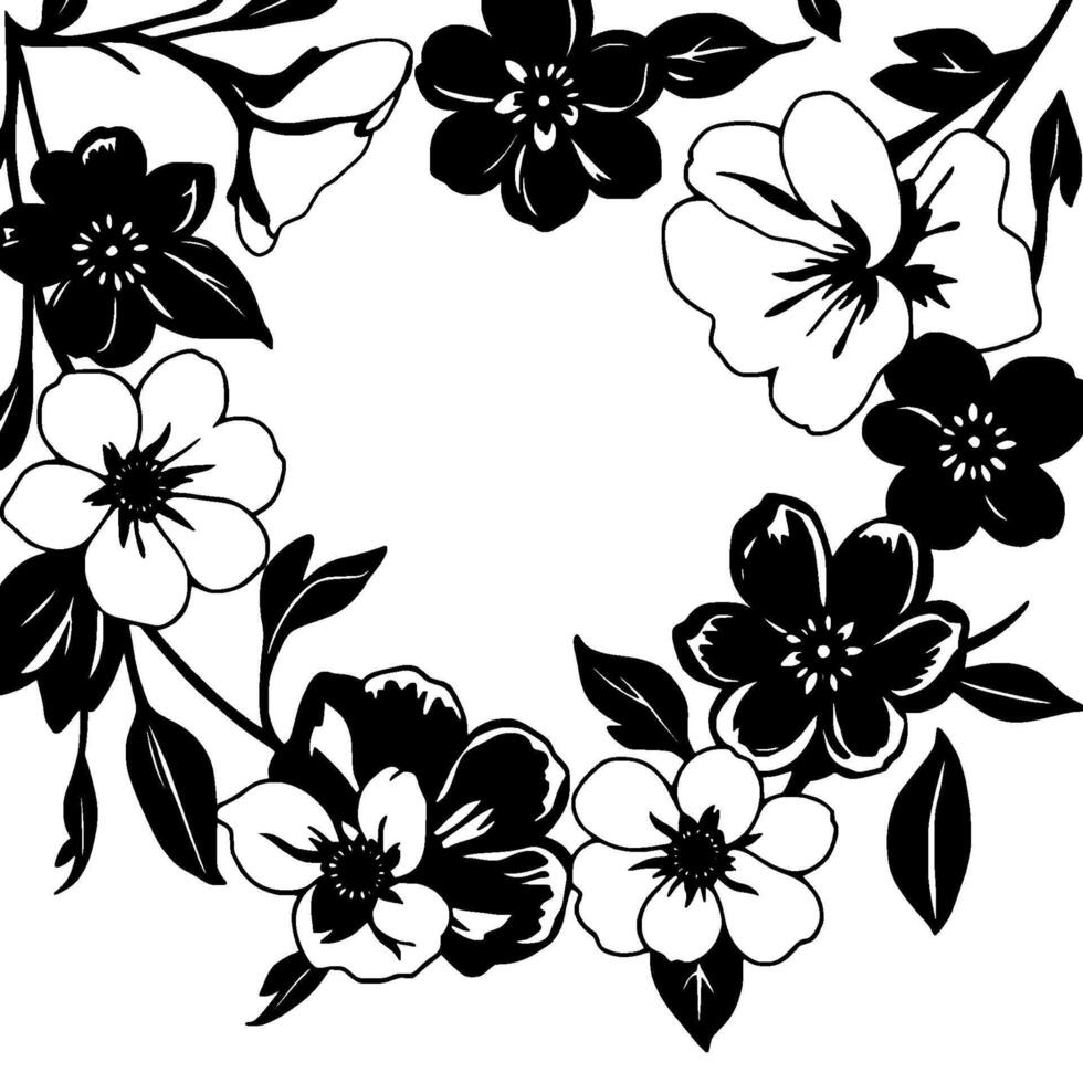 floral monochrome a circular arrangement of stylized flowers and leaves in black and white, creating a border. vector