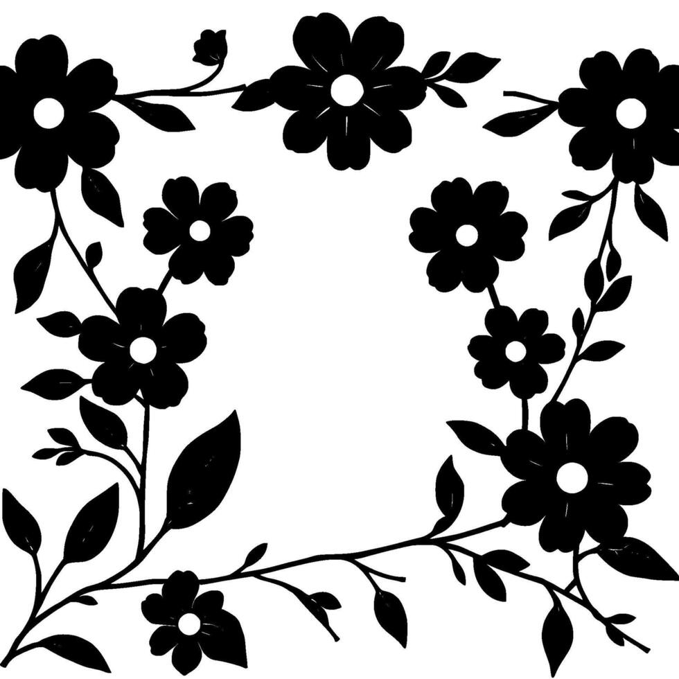elegant black and white floral frame composition, featuring detailed silhouette flowers and leaves, perfect for templates. vector