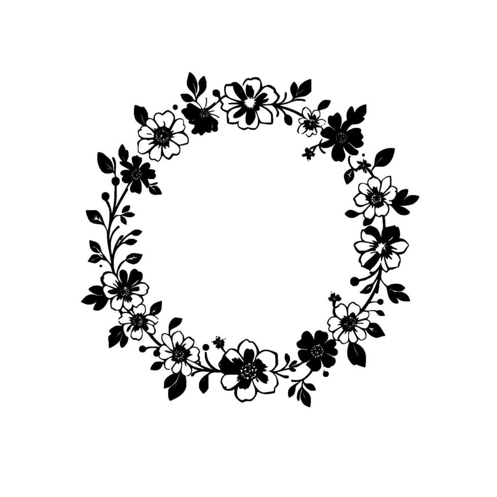 intricate black white floral wreath, artistic botanical , elegant circular frame on white. vector