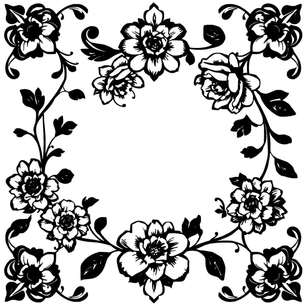 elegant black and white floral frame with intricate petal details and decorative leaves on a clear background. vector