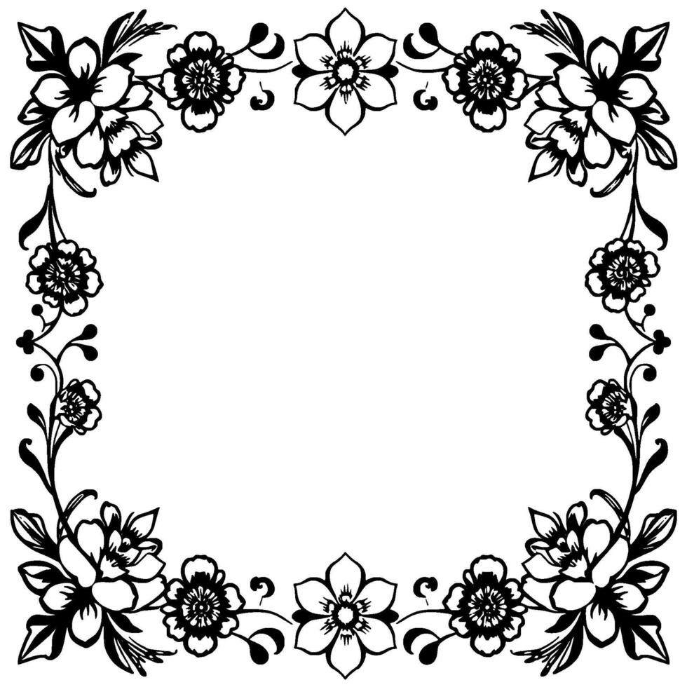 elegant black and white floral frame, bordered with detailed flower and leaf designs, isolated on white vector