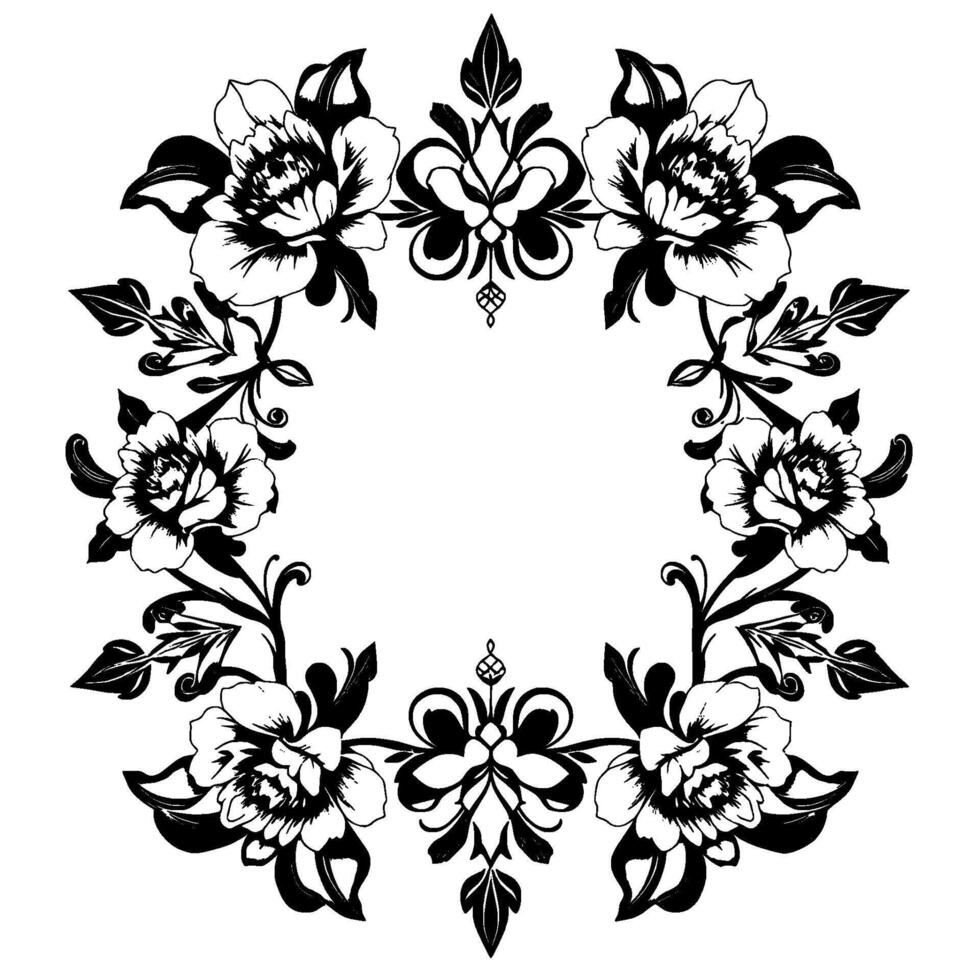 elegant black and white floral wreath stylized peonies, leaves, and decorative elements framing a central empty space. vector