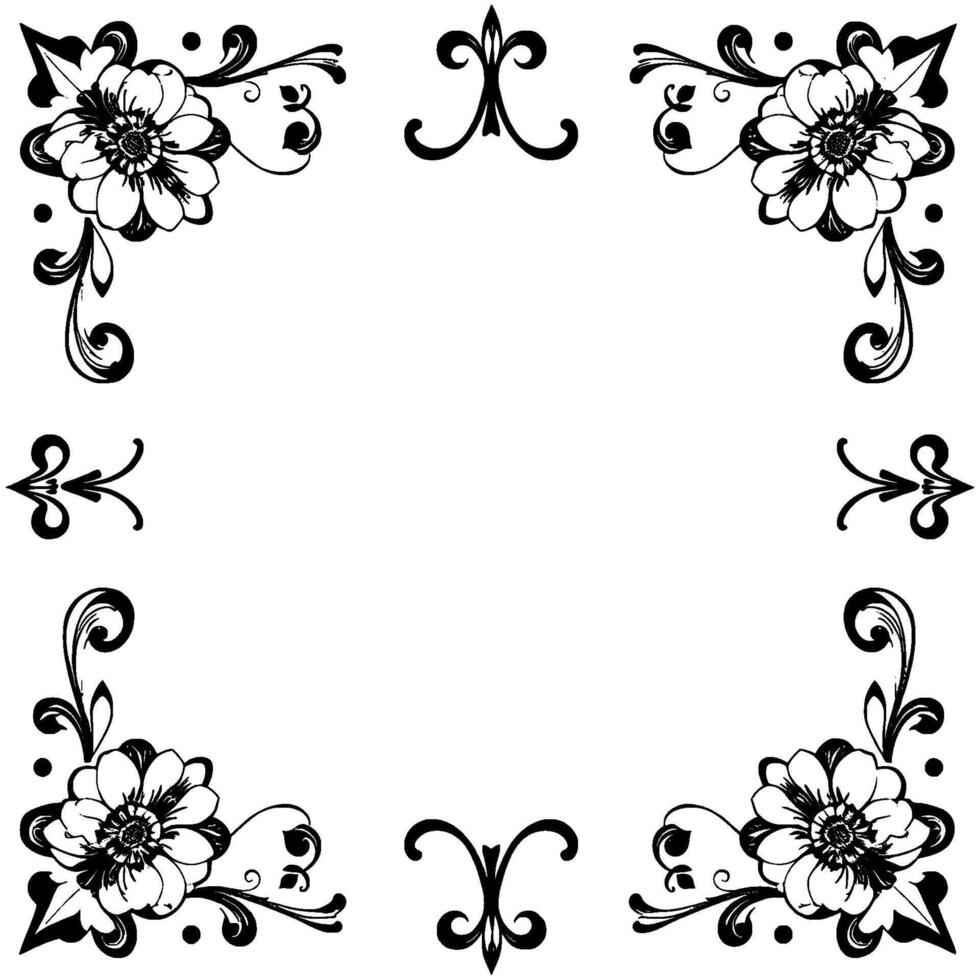 elegant floral frame in black and white, featuring four corner arrangements with stylized blossoms, swirls, and decorative elements. vector