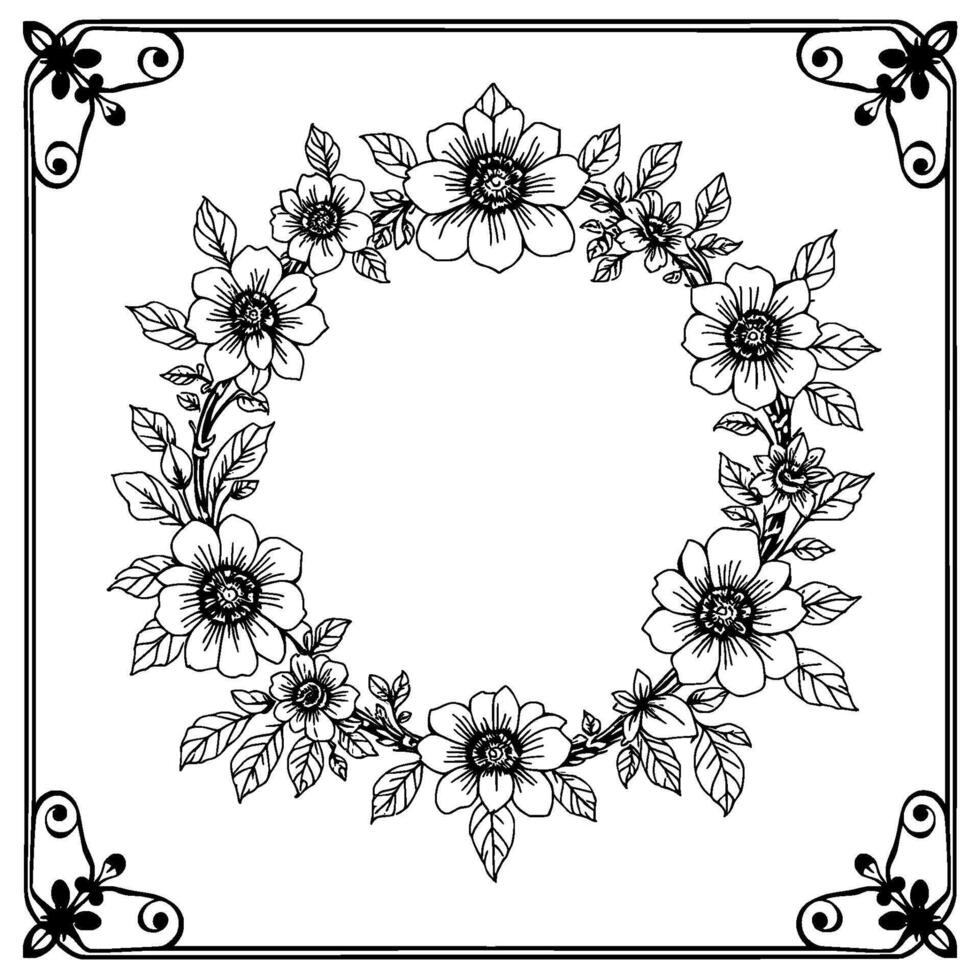 intricate black and white floral wreath with decorative corner flourishes and border, creating a romantic and elegant . vector