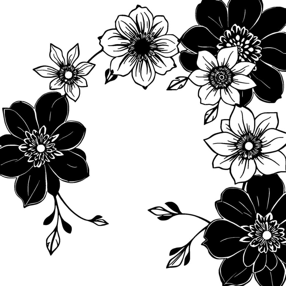 black and white floral arrangement with multiple flower blooms and delicate leaves, a symmetrical botanical illustration on a white background. vector