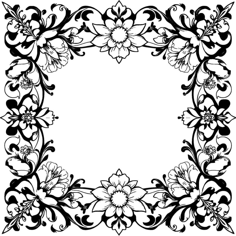 ornate black and white floral border with delicate swirls and repeating blossom motifs, offering an elegant empty center. vector