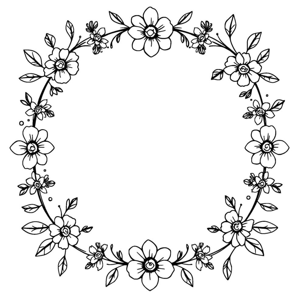 delicate handdrawn floral wreath with a variety of flowers, leaves, and detailed outline, creating a romantic and elegant on white background. vector