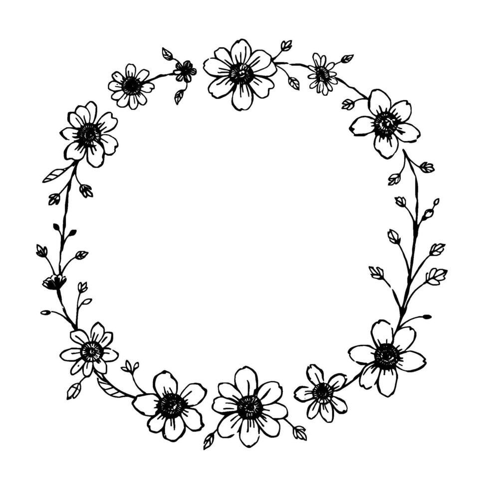 handdrawn black ink floral wreath with detailed petals and leaves, arranged in a circular frame on a white background. vector