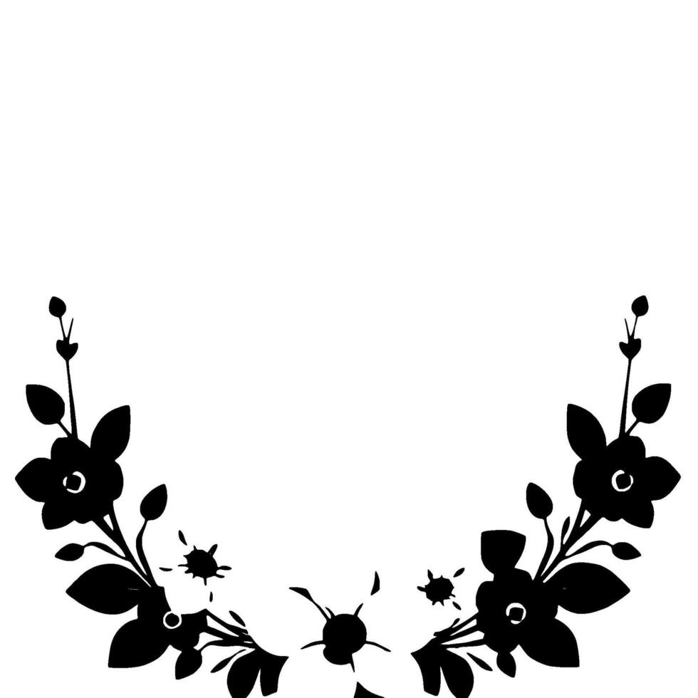 symmetrical floral border in black and white, delicate silhouette with blooms and leaves, artistic decorative element. vector