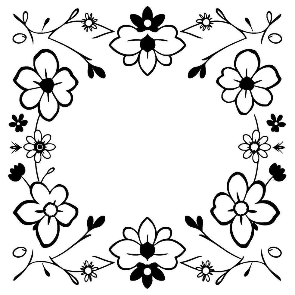 elegant black and white floral border with various flower styles and empty center for text or image. vector