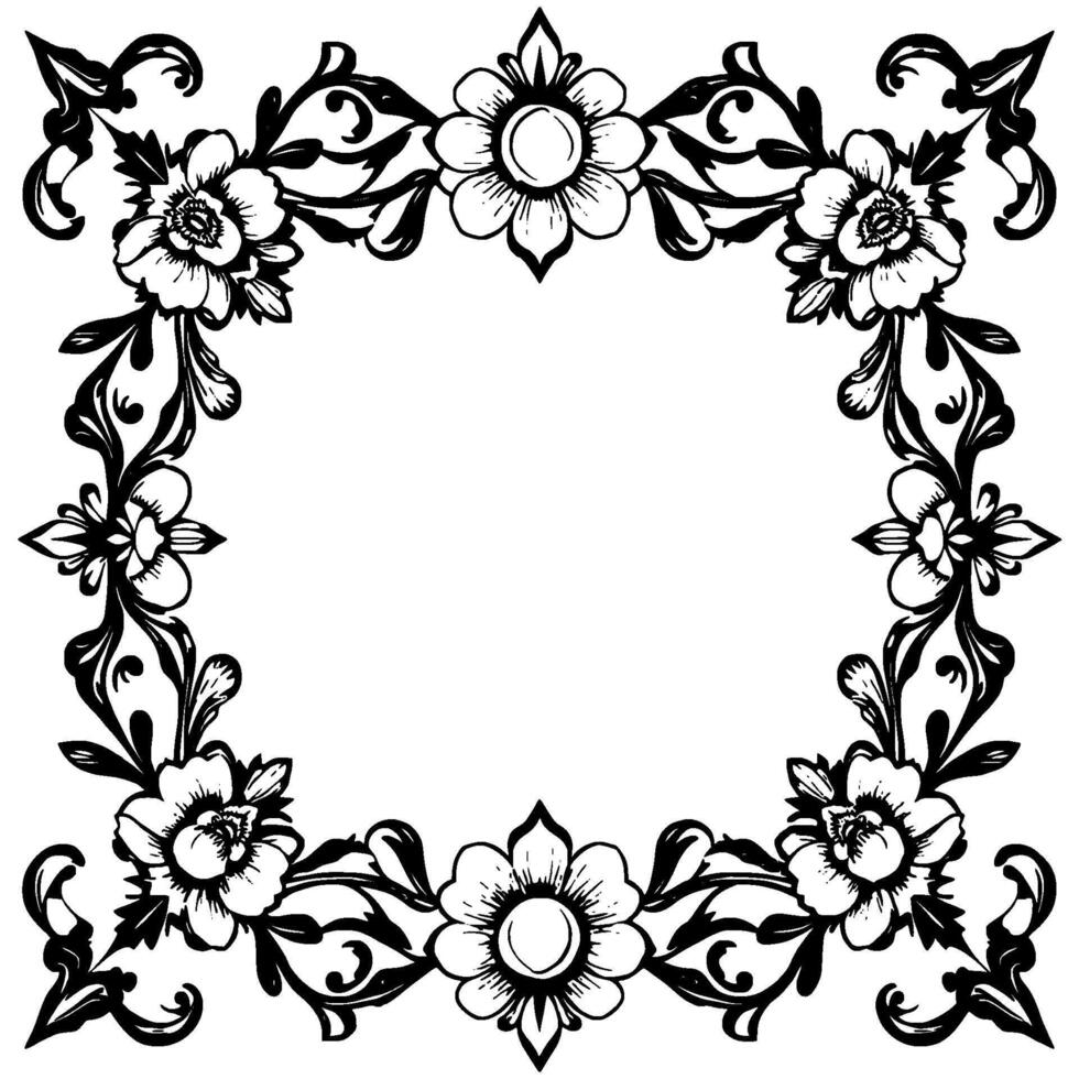 elegant black and white floral frame intricate botanical with blossoms, leaves, and flourishes, creating a symmetrical decorative border. vector