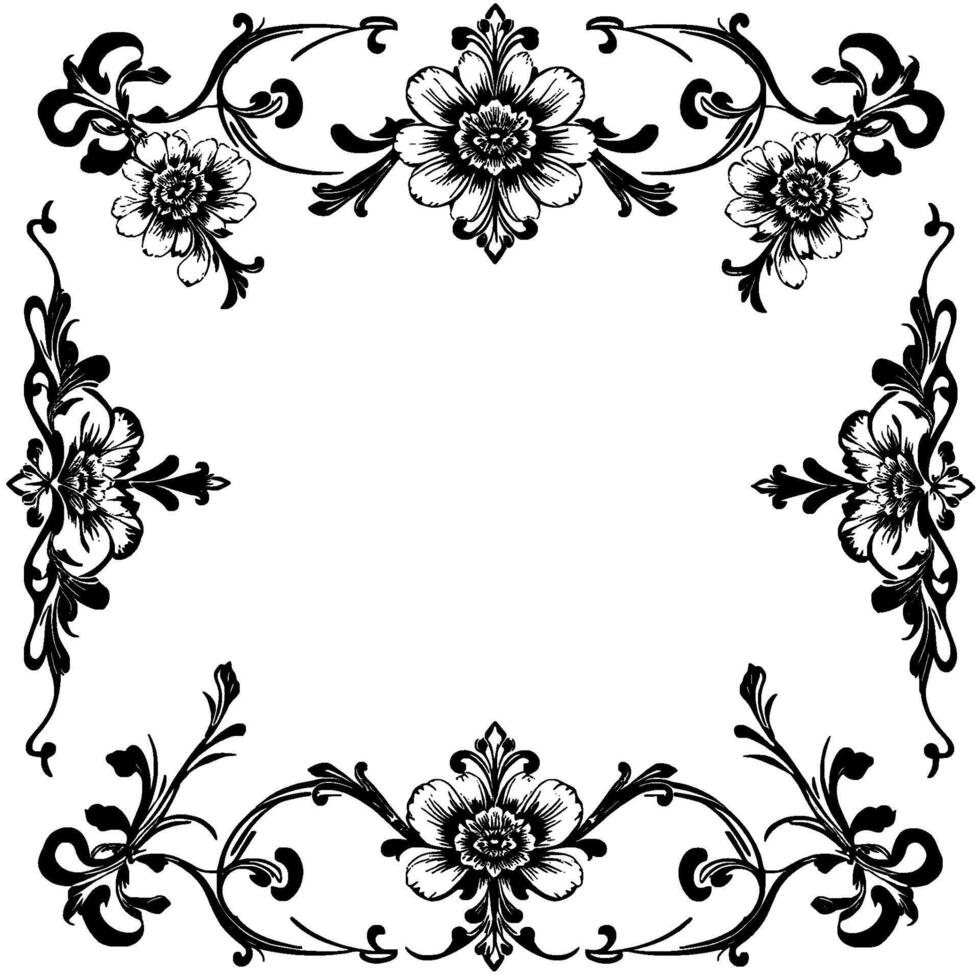 exquisite black and white floral frame, featuring intricate botanical details, elegant, symmetrical arrangement. vector