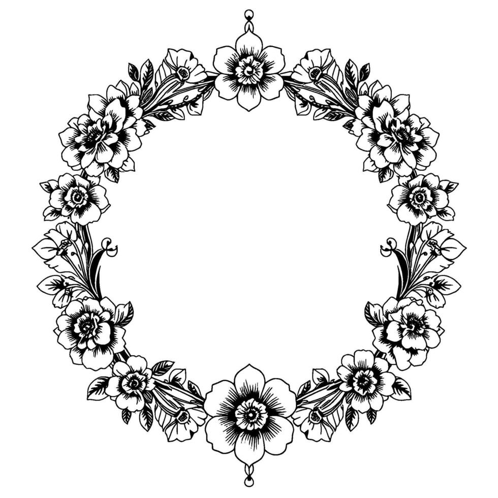 intricate floral wreath in black and white, composed of detailed roses, leaves, and ornate decorative elements, creating a circular . vector