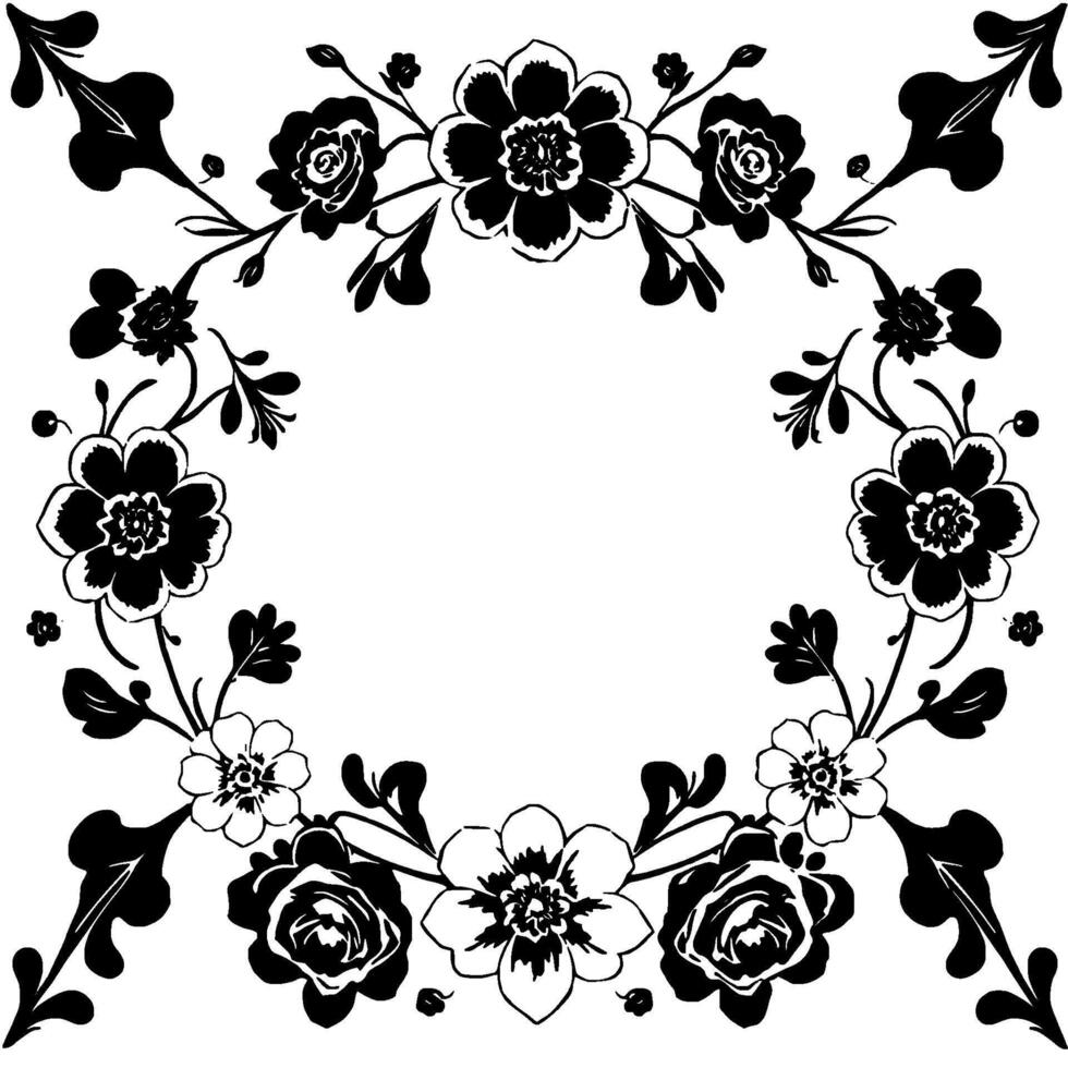 floral wreath illustration black and white botanical frame with detailed flower leaf motifs vector
