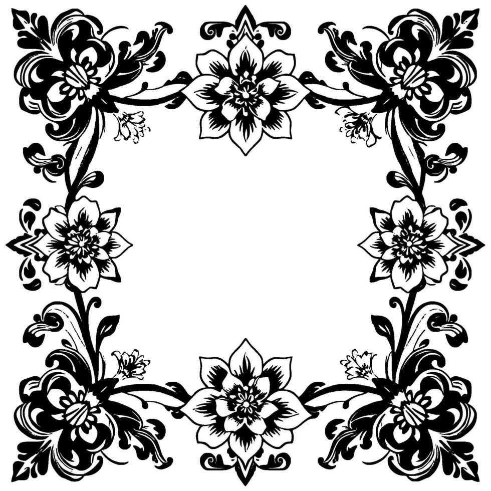 ornate black and white floral frame featuring symmetrical arrangement of stylized flowers and foliage with a blank center. vector