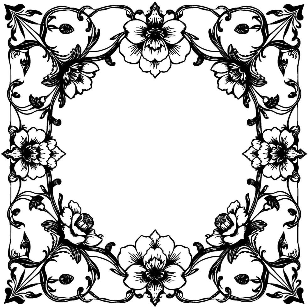 elegant black and white floral frame with detailed botanical elements and ornate , perfect for invitations, decorations, and artistic projects. vector
