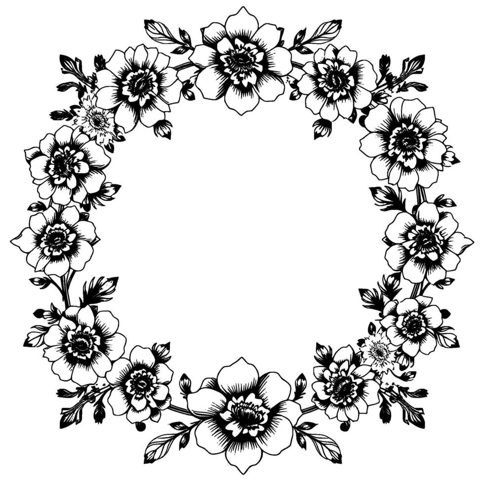 elegant black and white floral wreath with detailed line art, perfect for wedding invitations, greeting cards, and decorative designs. vector