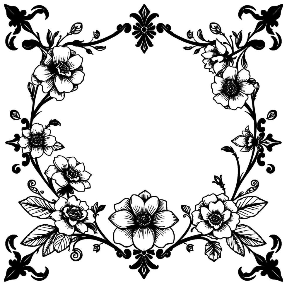 ornate black and white floral frame with detailed flower and leaf designs, creating a classic, elegant aesthetic vector