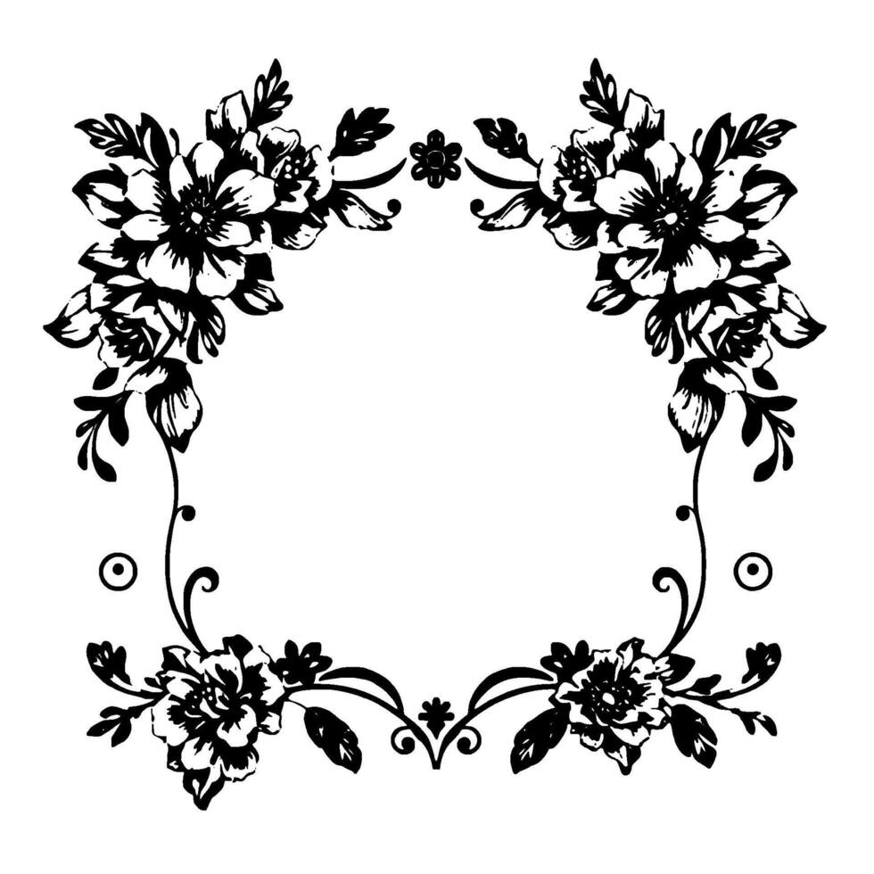 intricate black and white floral frame with stylized blossom , decorative border with leaves and delicate curves. vector