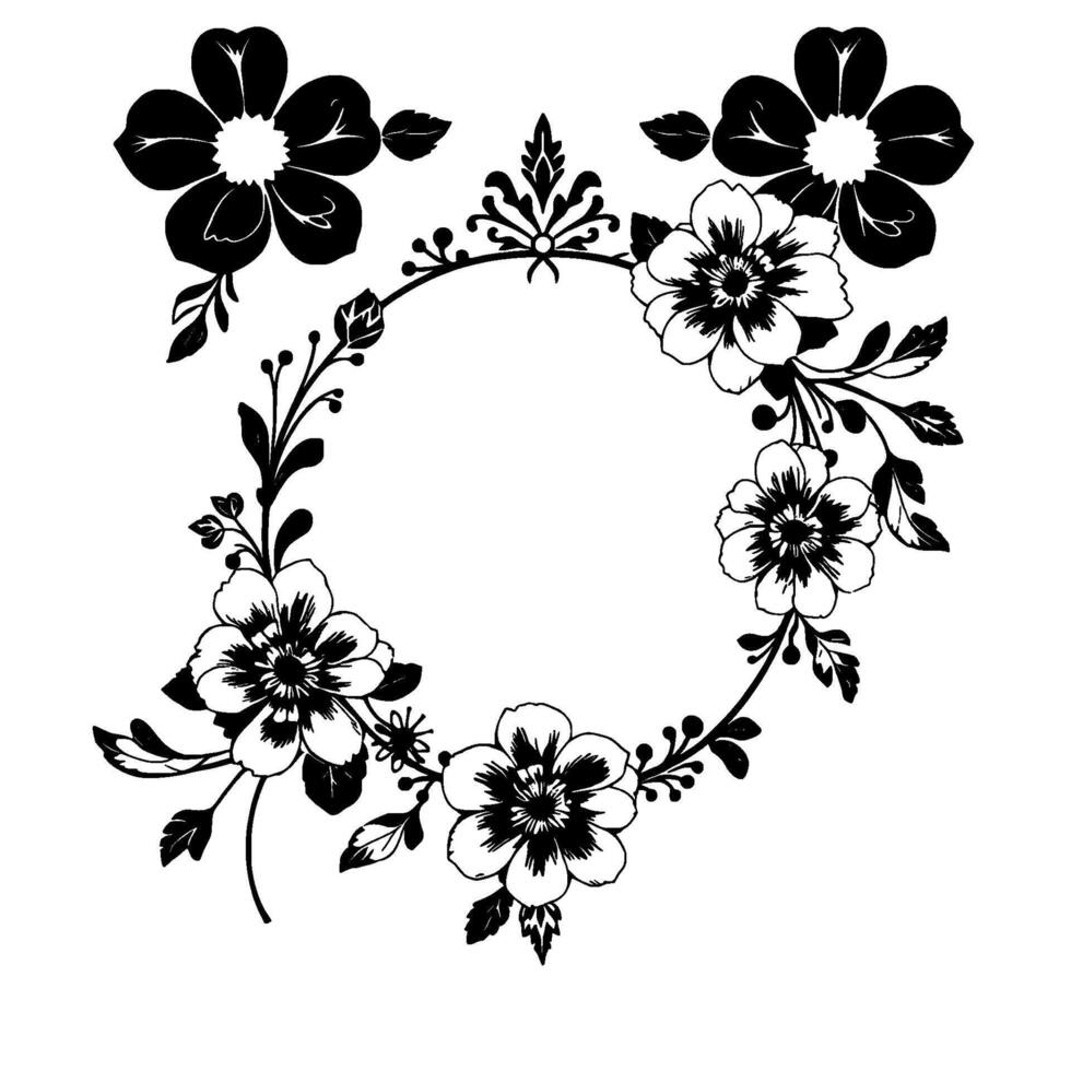 black and white floral wreath with detailed flowers, leaves, and ornate border elements on white background, decorative . vector