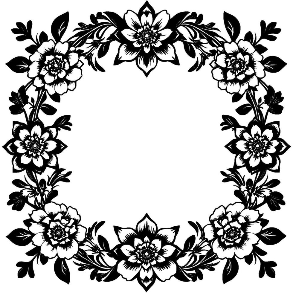 ornate black and white floral frame detailed illustration of a symmetrical wreath featuring stylized flowers and foliage, perfect for decorative borders and elements. vector